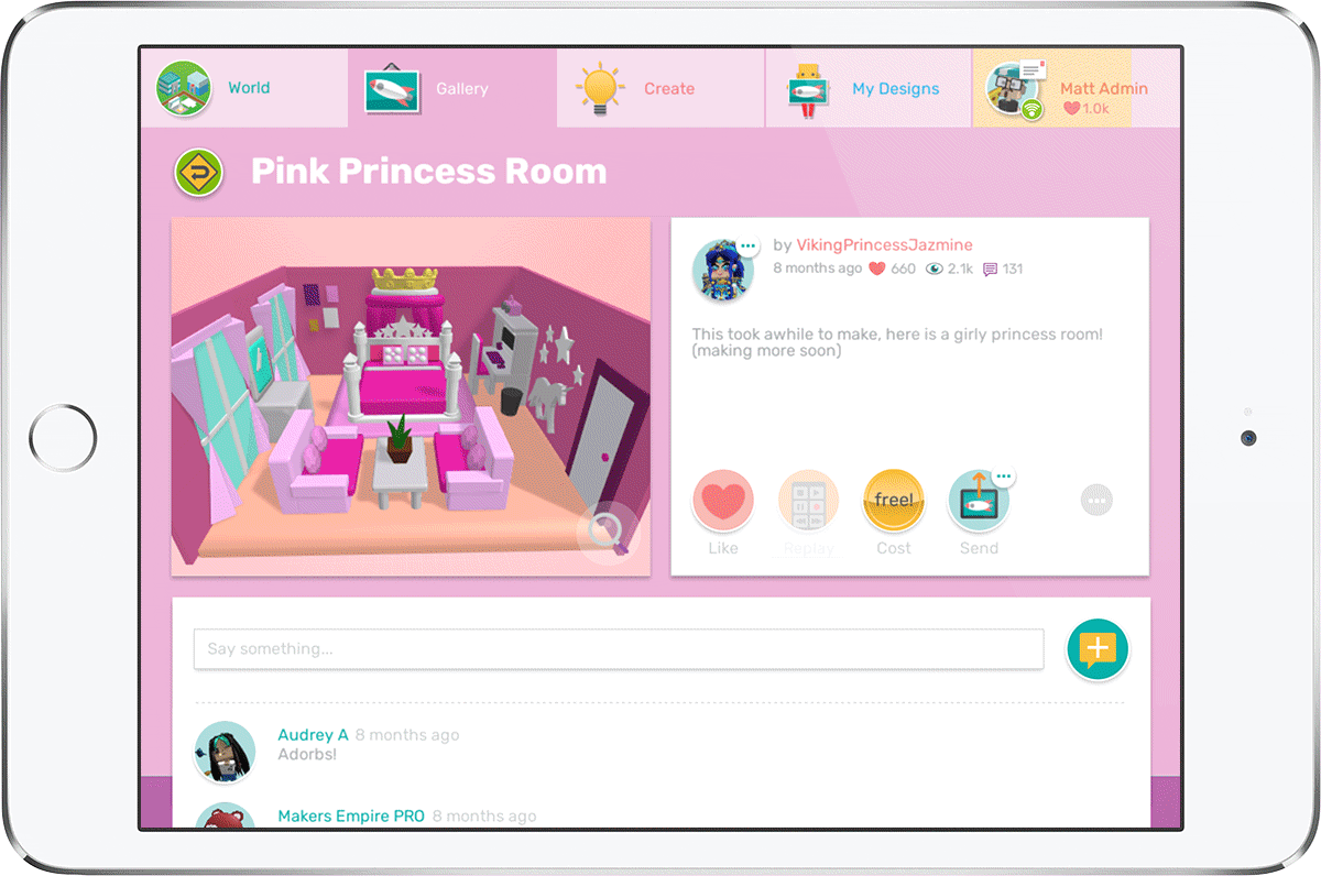 iPad showing Makers Empire 3D design app bedroom design and comments by users