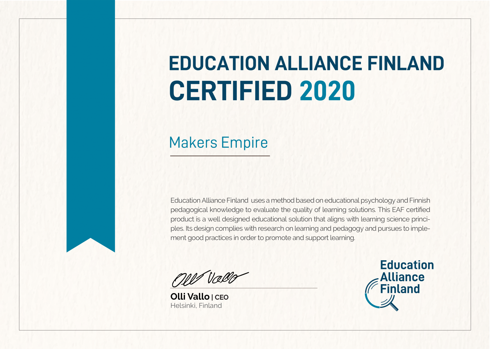 Makers Empire accredited by Education Alliance Finland for pedagogical quality